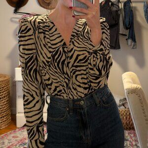 Zebra Blouse Body Suit Long Sleeve V Neck Work Top Going Out Top